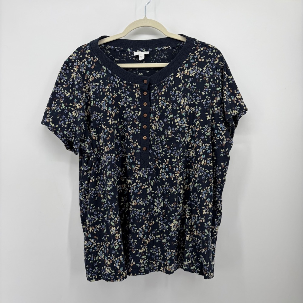 J. Jill Womens XL Navy Blue Floral Henley Top Short Sleeve Cotton Tencel Blend